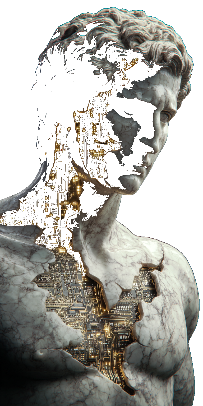 Marble statue of a classical figure, its chest fractured open to reveal circuitry